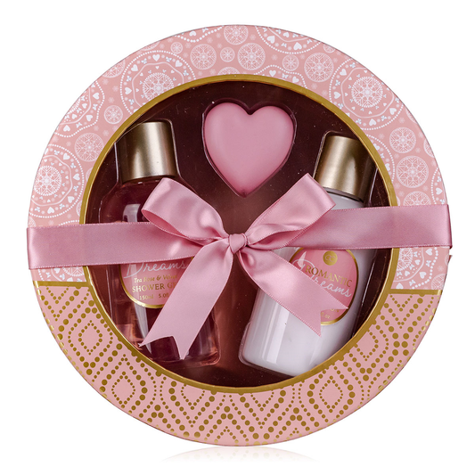 Badeset Romantic Dreams in Geschenkbox rund mit Lip Balm Duschgel und Bodylotion