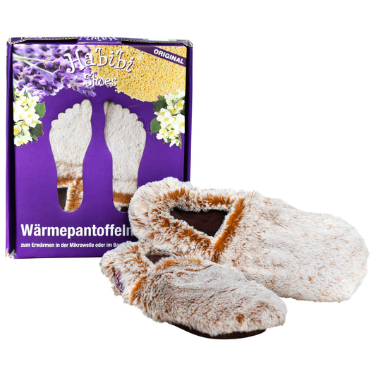 Habibi Wärmeschuhe Slippers Hausschuhe Wärmepantoffeln creme meliert Größe L (EU 41-45) für Mikrowelle und Backofen
