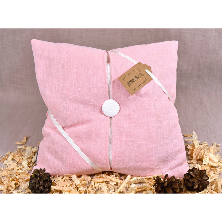 Zirbenkissen rosa/weiß mit Knopf und Falte 100% Leinen quadratisch